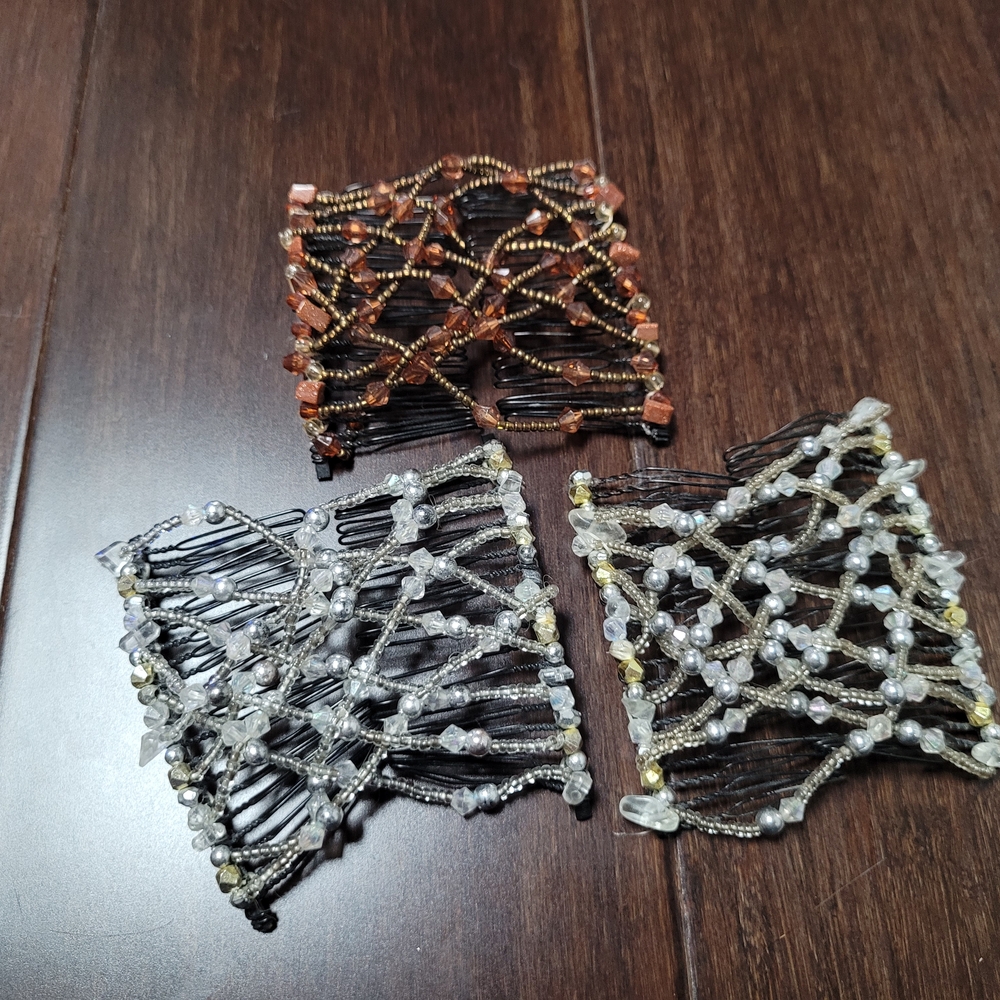 Elegant Beaded Hair Combs Set - Black, Silver, Gold